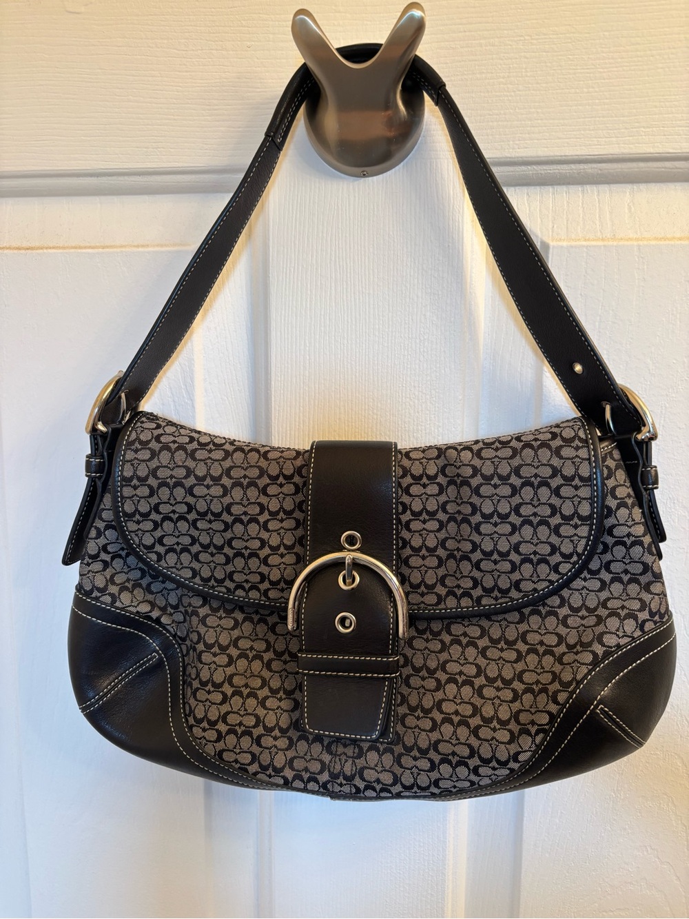Vintage Coach Black Signature Jacquard Shoulder Bag with Buckle
